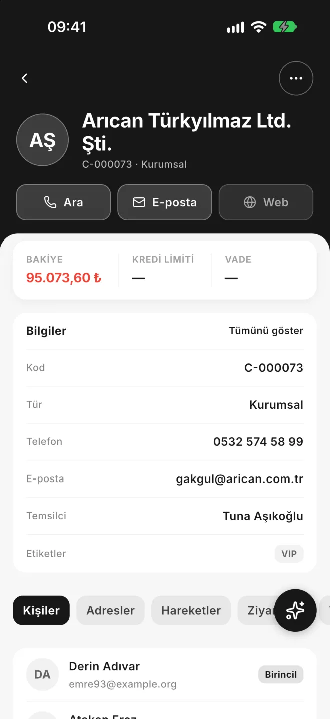 Müşteri kartı: bakiye, kişiler, hareketler