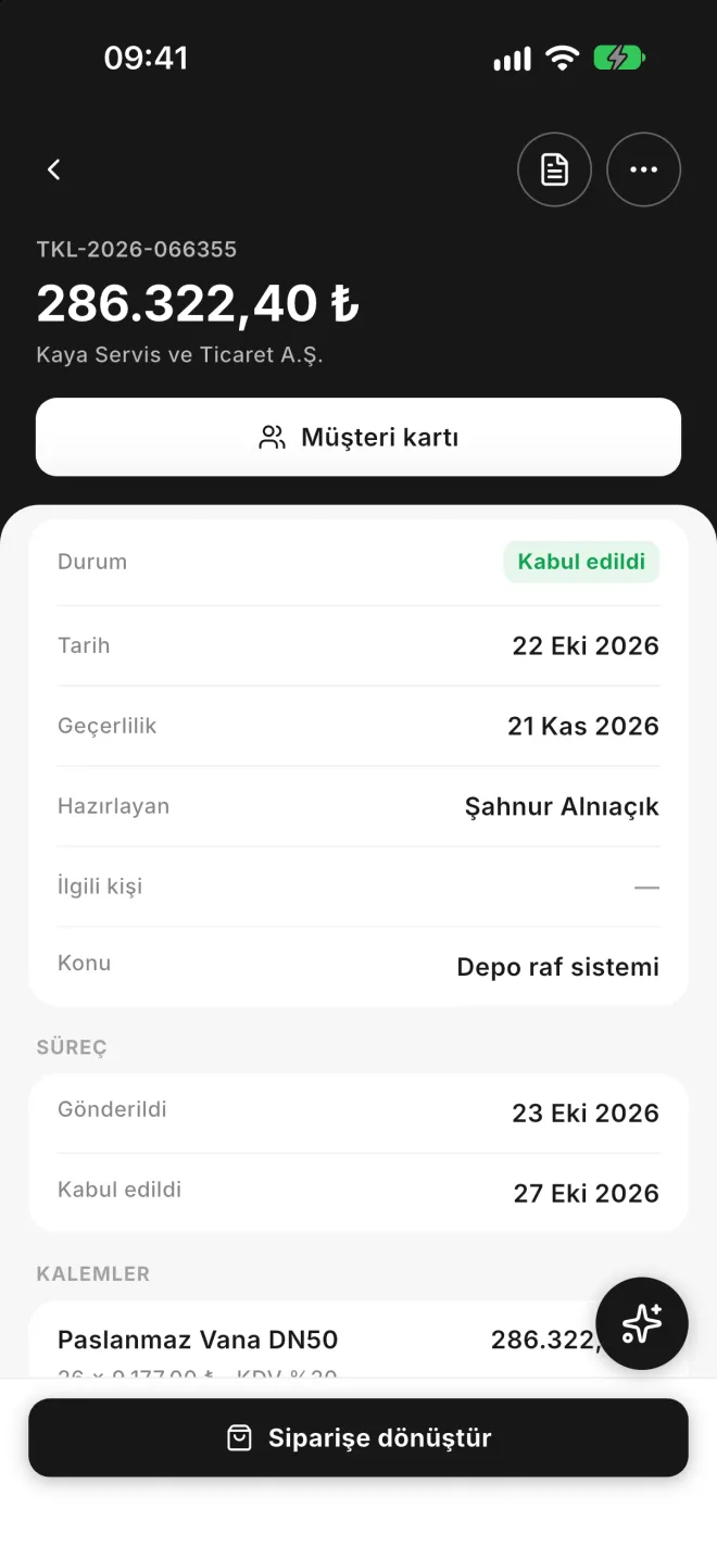 Teklif detayı, tek dokunuşla siparişe çevirme