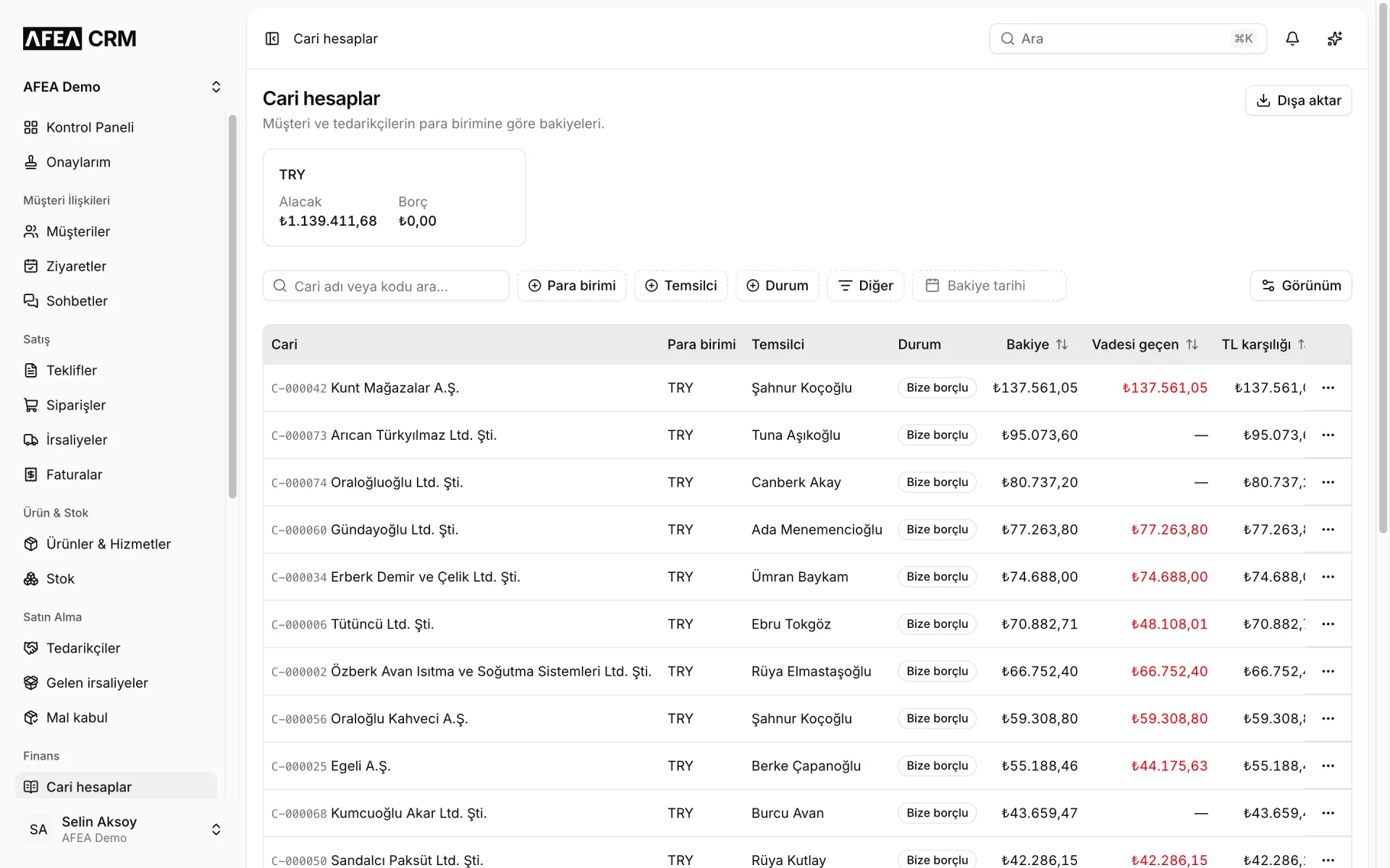 AFEA CRM Cari hesaplar ekranı