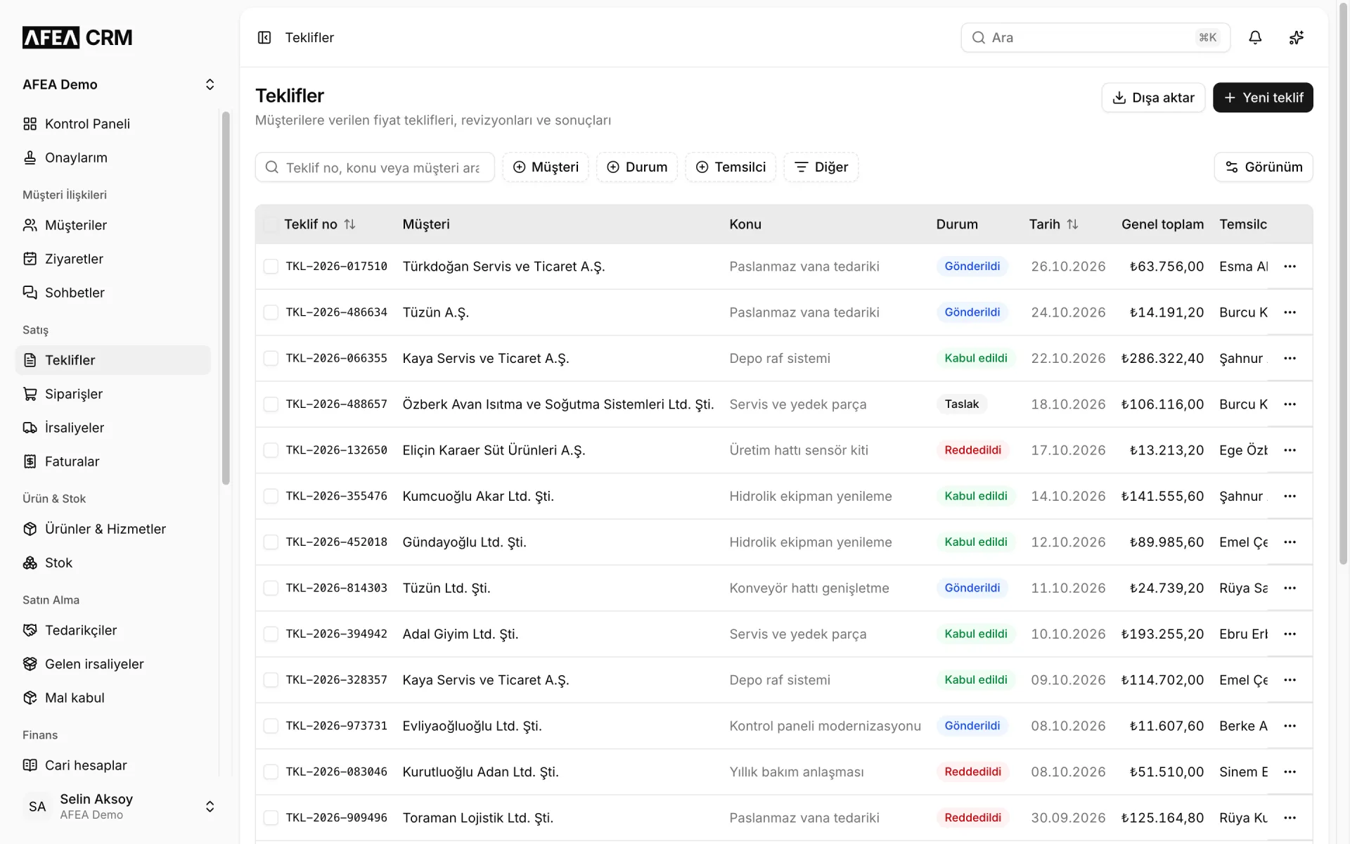 AFEA CRM Teklifler ekranı